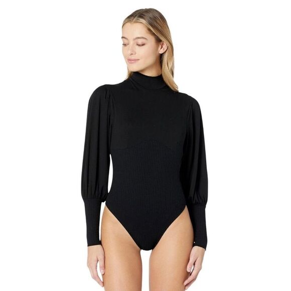 NWT Only Hearts Black Eco Rib Poet Sleeve Bodysuit - Picture 2 of 8